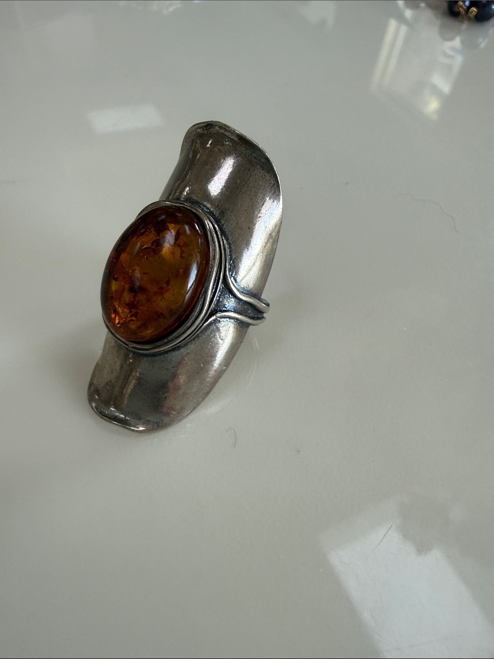 Sterling Silver Amber Statement Ring - Brown Amber Center
